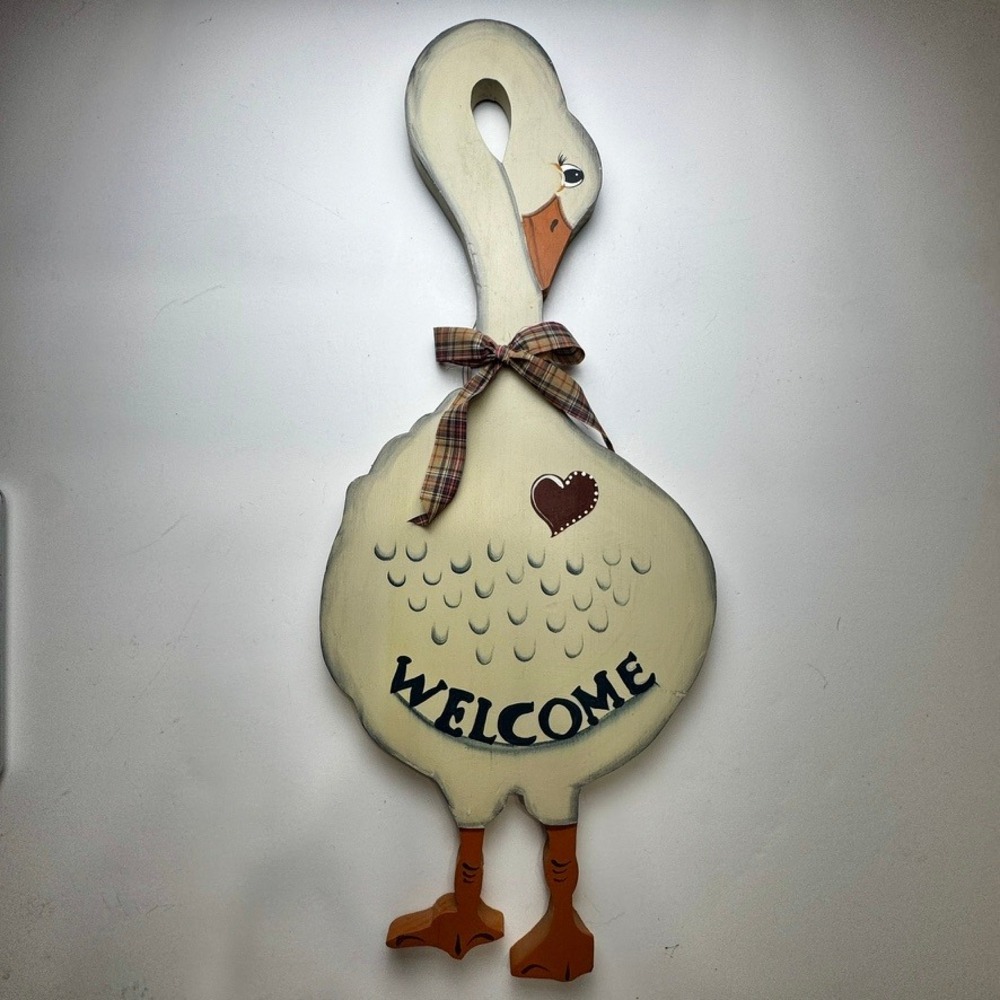 Vintage Hand Painted Wooden Goose Welcome Sign Farmhouse Wall Decor Plaid Bow